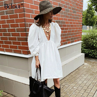 Bclout Casual Mini dopasowana sukienka z falbanką kobiety bufiaste rękawy V Neck czarne sukienki na imprezy białe guziki z długim rękawem jesień Vestido 2